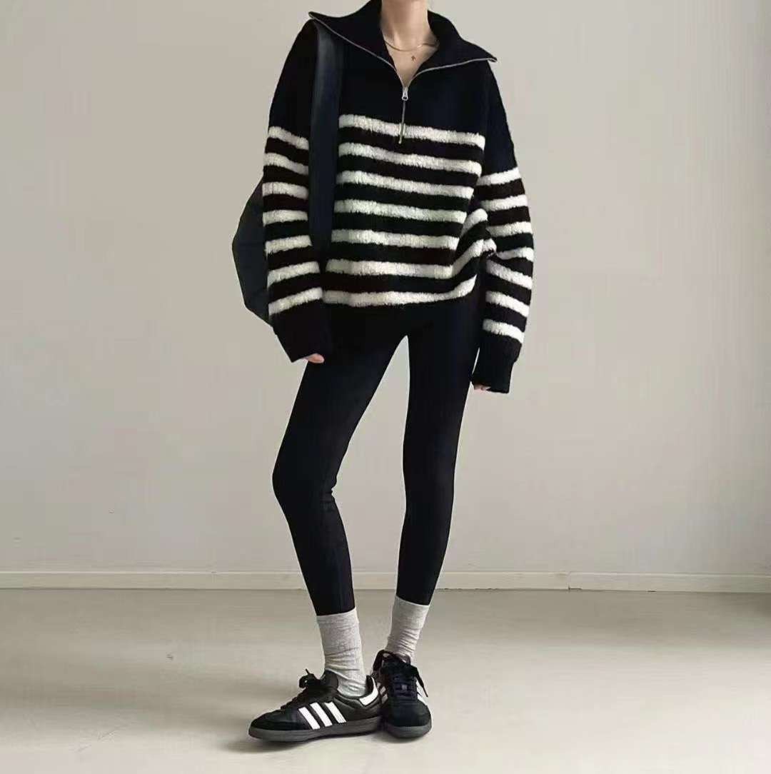 条纹翻领拉链立领毛衣