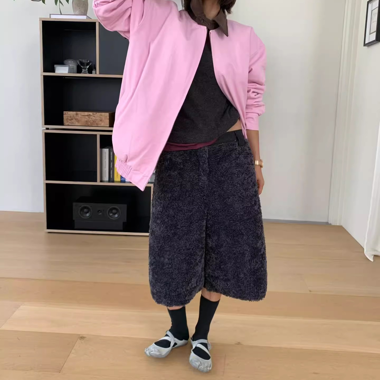 高腰拼接毛绒款宽松阔腿五分裤