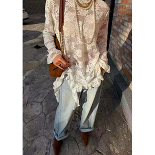 韩国东大门2025冬款精致提花时尚微透视蕾丝衫长袖不规则边衬衫女