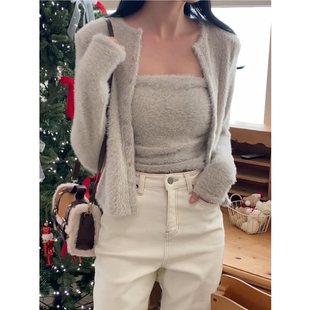 韩国东大门2025秋冬洋气褶皱毛绒吊带背心毛衣外套小开衫两件套装