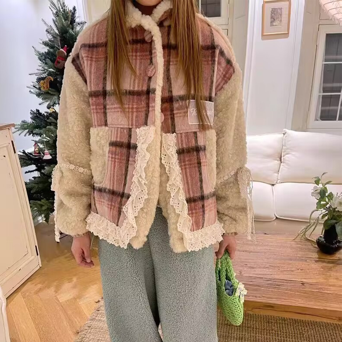 花边格纹系扣羊羔毛外套棉衣