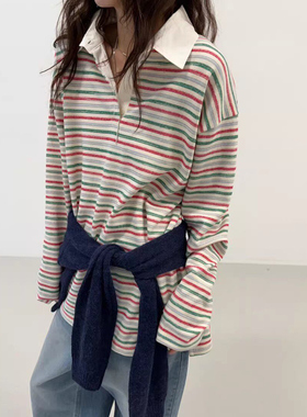 MINIMUZE韩国东大门女2026春POLO领条纹休闲翻领宽松长袖T恤上衣