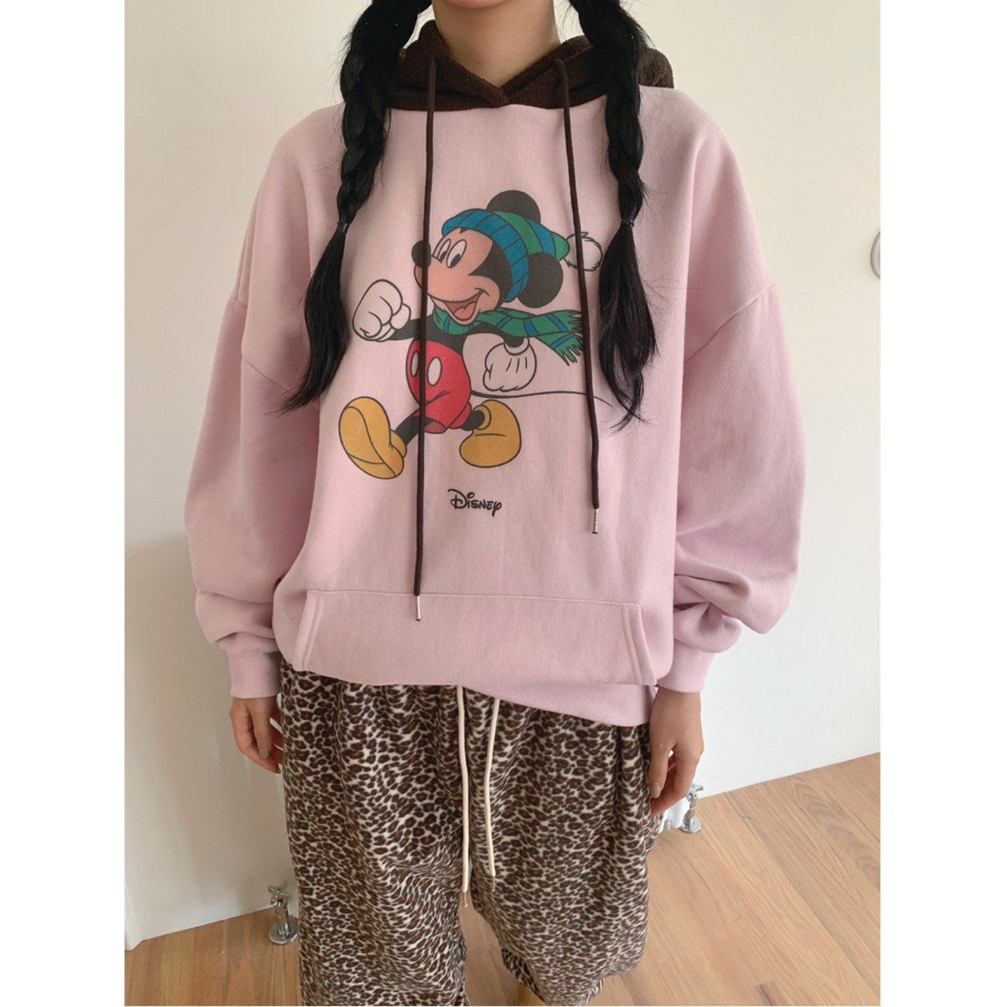 加绒米奇连帽撞色套头卫衣