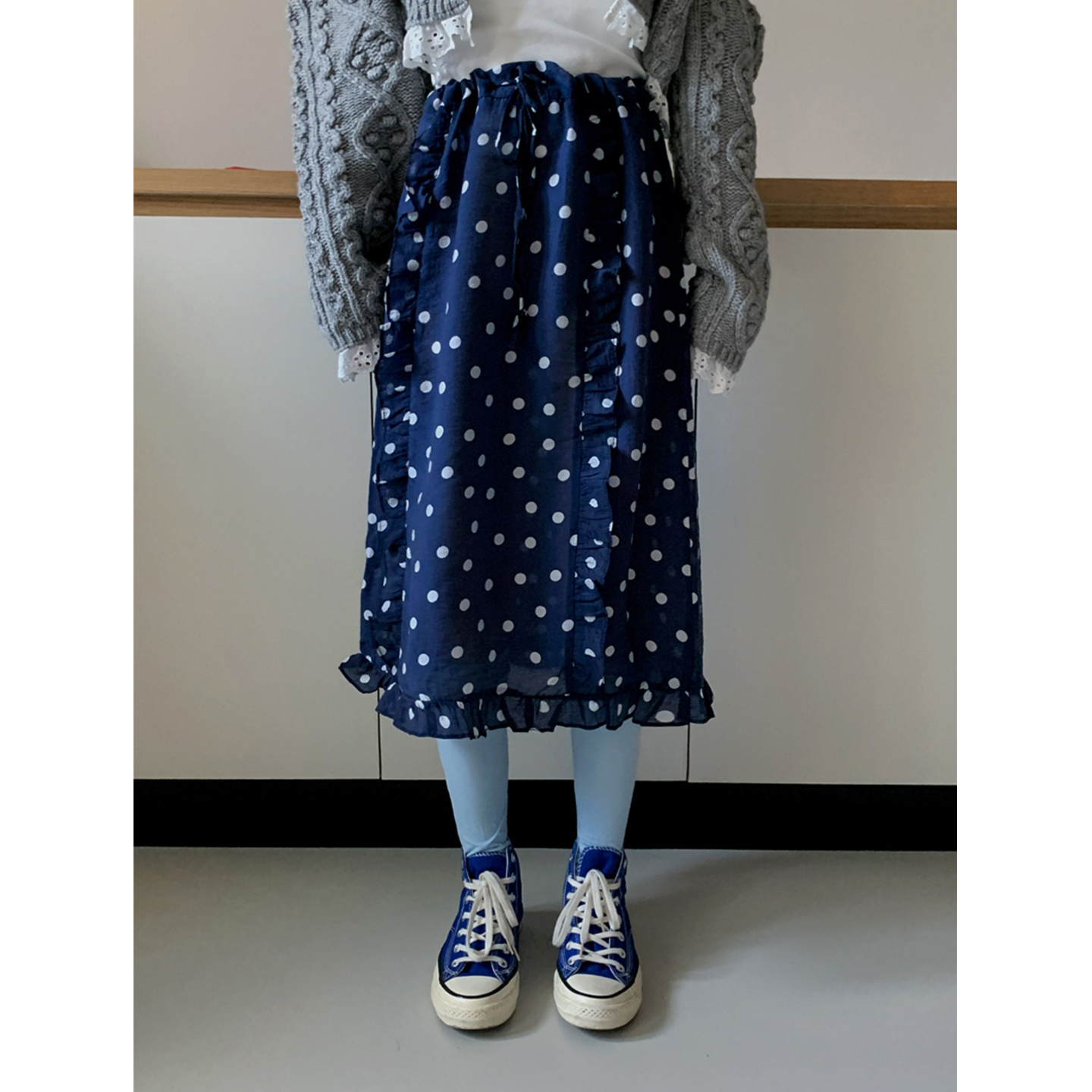 高腰蕾丝波点花边半身裙