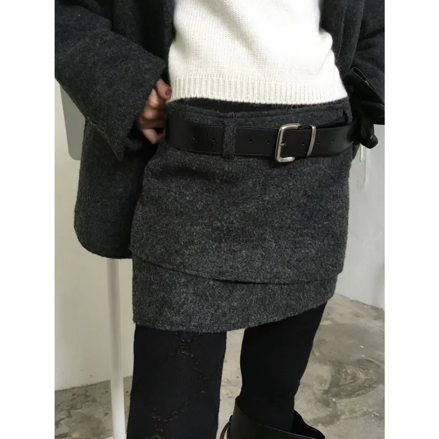 不规则半身短裙毛呢腰带半身裙