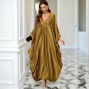 高级感金色阿拉伯迪拜长袍女中东敦煌埃及旅游新疆异域风连衣长裙