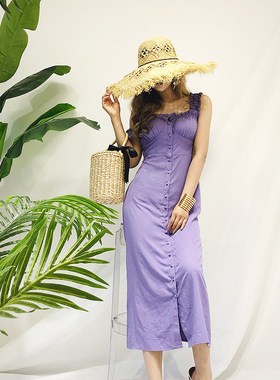 新款法式复古优雅气质吊带紫色连衣裙显瘦长裙海边度假风沙滩裙女