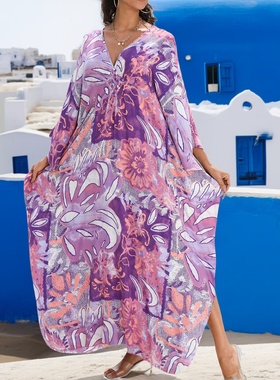 希腊爱琴海旅行穿搭紫色氛围感气质连衣裙长袍海边度假沙滩长裙夏