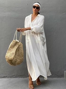 2025年春夏新款长款衬衫裙长裙法式宽松显瘦长袖白色连衣裙沙滩裙