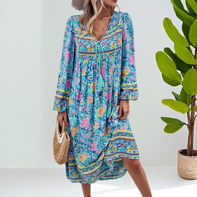 茶歇法式碎花显瘦长袖棉连衣裙子