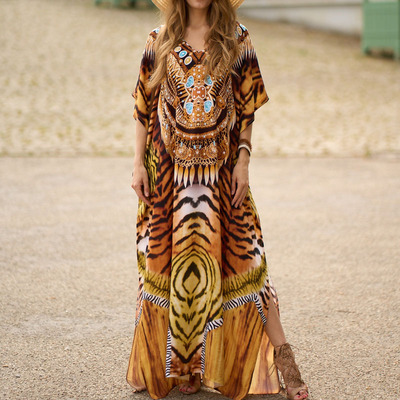 欧美复古豹纹拖地长裙大码沙滩裙