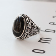 S925 sterling silver original personality trendy wide open ring exaggerated fashion black onyx six-character mantra ring male