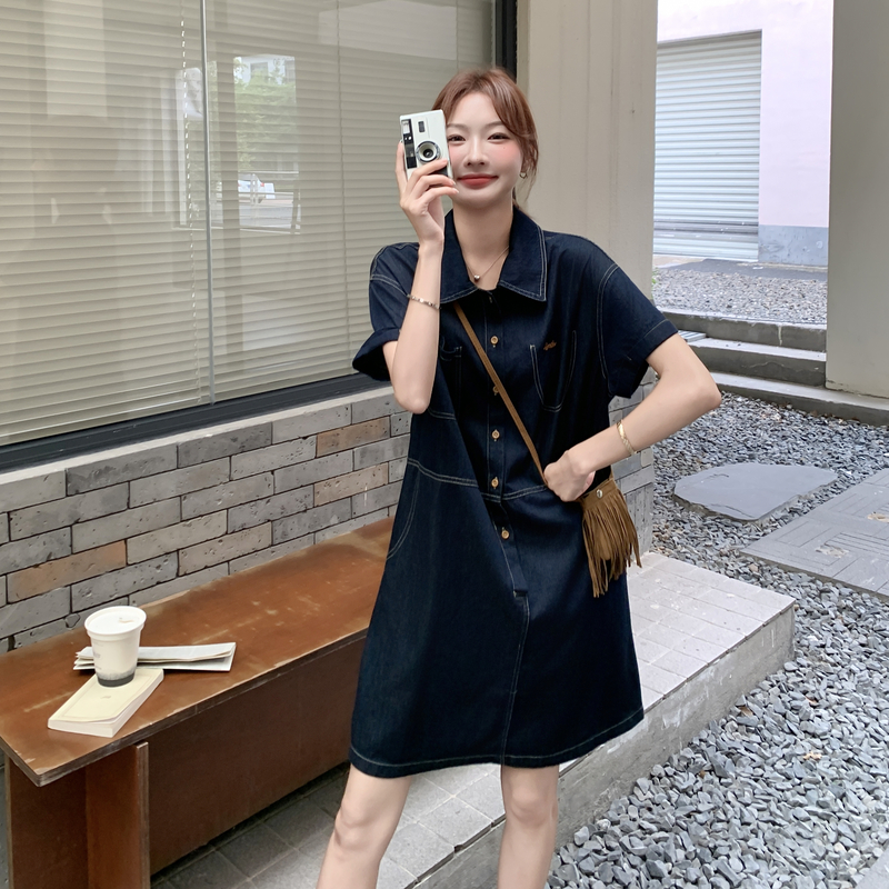 港风复古又酷又飒牛仔连衣裙女2025夏季小个子休闲减龄短袖衬衫裙