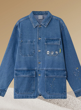 李宁正品牛仔外套男新款滑板系列开衫长袖翻领宽松运动服AJDR379