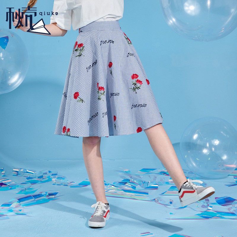 秋壳秋季新品学院风格子a字裙高腰绣花半身裙宽松显瘦中长裙|msdalam kategori Butik wanita / wanita, skirt - dari Buy2taobao.com untuk memberikan perkhidmatan ejen Taobao profesional membeli