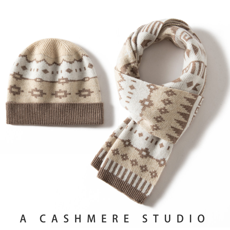 秋冬山羊绒针织帽子围巾套装男女