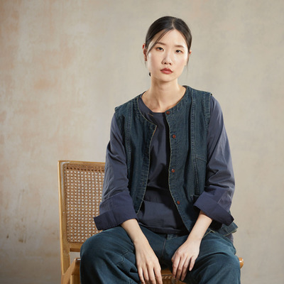 译外 原创复古做旧水洗工装版型短款牛仔马甲女马夹春季新Z11138