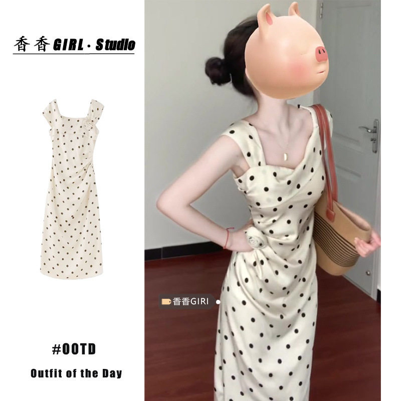 法式立体花朵收腰波点连衣裙女夏季温柔风显瘦长裙修身无袖a字裙