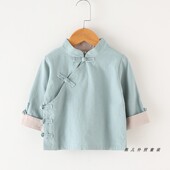 中国风儿童斜襟盘扣唐装 国学衬衣改良旗袍 上衣男女童春秋棉麻长袖