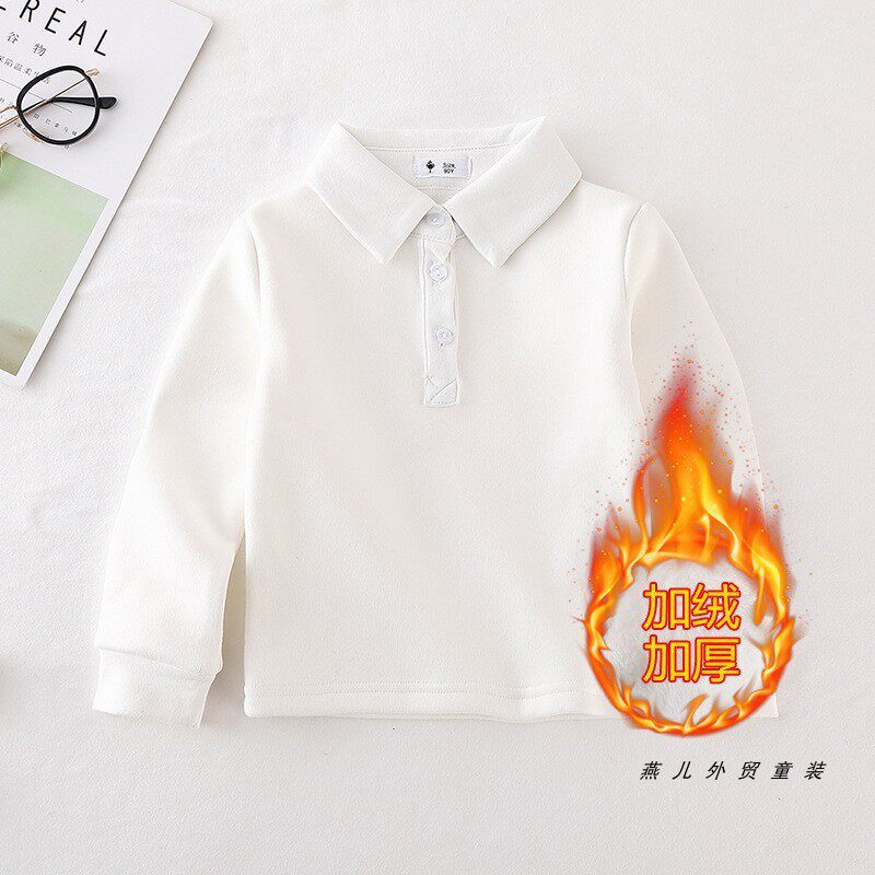 儿童加绒加厚白色校服上衣男女童秋冬一体绒保暖POLO衫长袖绒衬衫