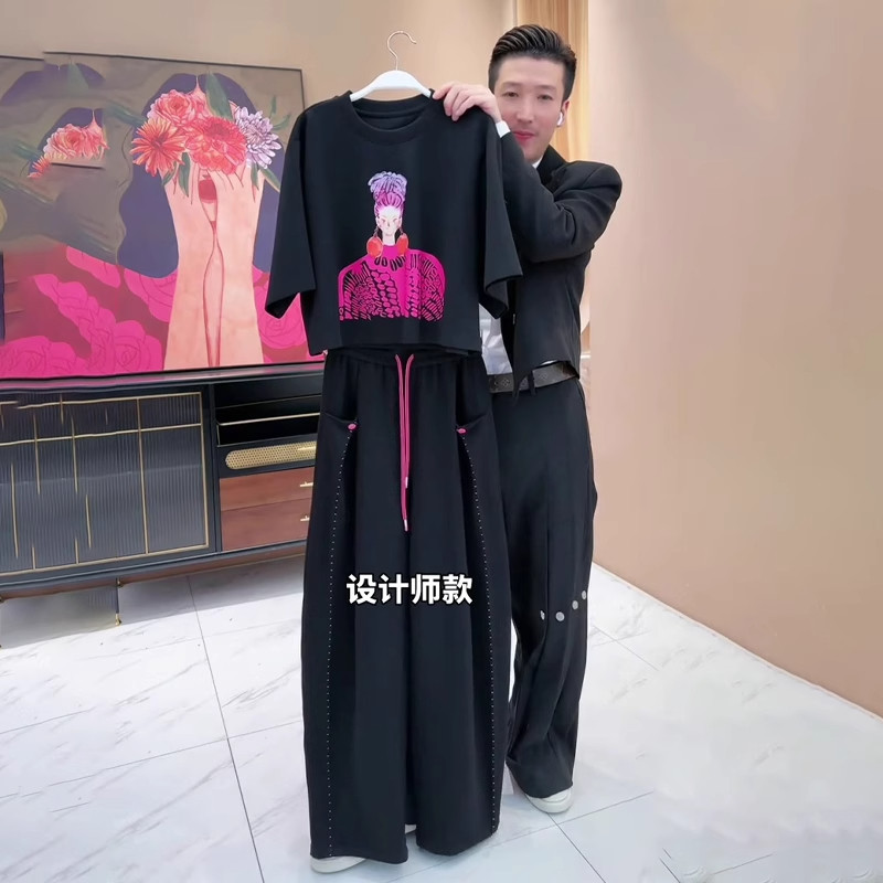 欧货休闲运动套装女2025夏季新款减龄宽松小个子短袖阔腿裤两件套