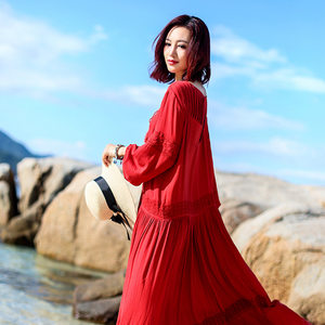 新疆旅游连衣裙红色沙滩裙女装波西米亚风长裙胡杨林拍照沙漠裙子