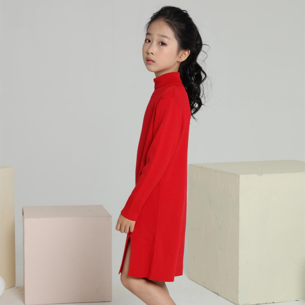 女童装春秋冬季针织半高领两翻领甜美纯色百搭修身保暖棉毛连衣裙