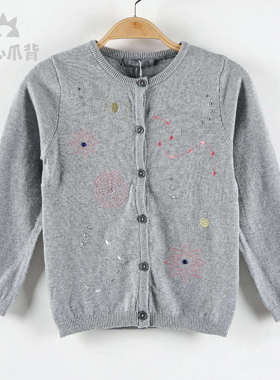 专G撤G正品捡漏女童春秋季针织羊毛开衫灰色绣花亮片长袖上衣百搭