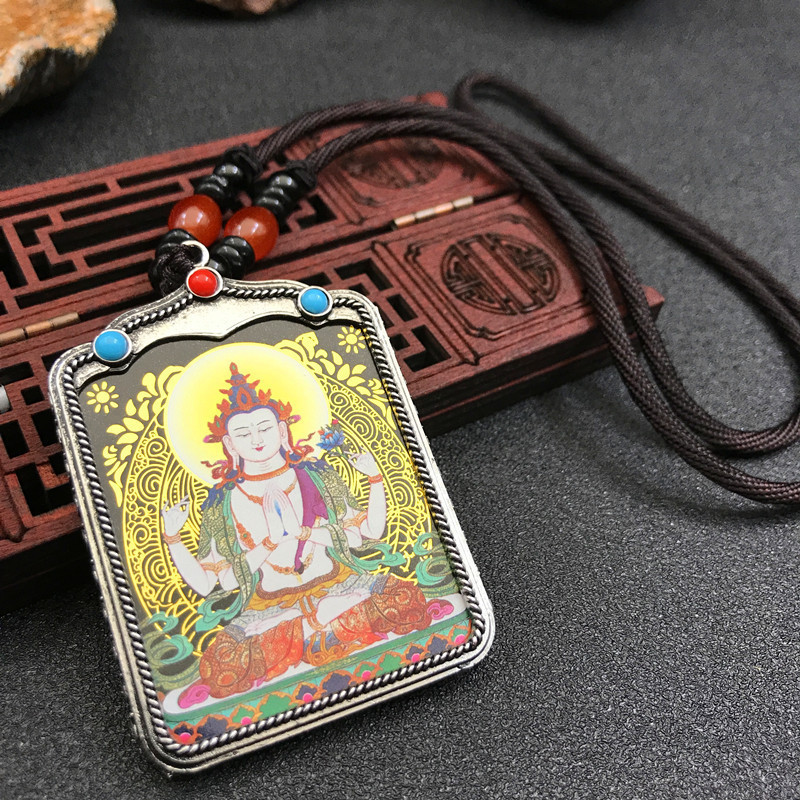 纪念藏传黑金黄财神唐卡吊坠嘎乌盒六字真言项链藏式绿度母盒佛牌