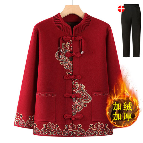 中老年人加绒加厚奶奶毛衣外套