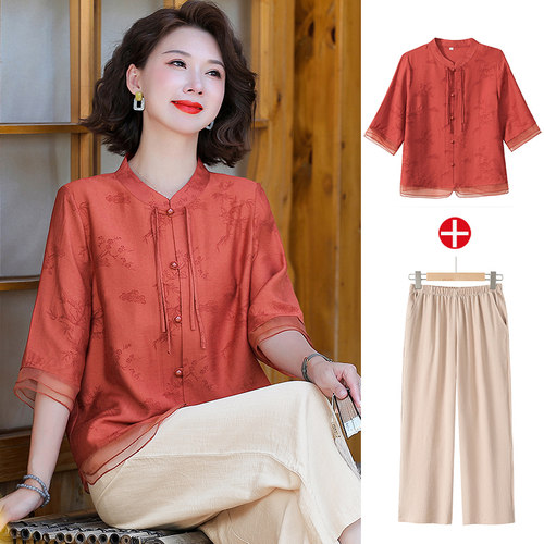 妈妈夏装中老年人睡衣家居服短袖