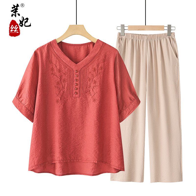 妈妈夏装中老年人洋气睡衣奶奶套装短袖女装夏季气质上衣家居服薄