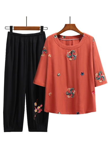 Летняя одежда для матери для пожилых людей, комплект, этническая футболка с коротким рукавом, для среднего возраста, этнический стиль