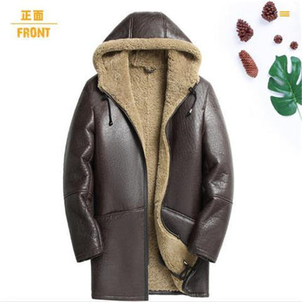 皮毛一体 男款冬季时尚绵羊皮 真皮羊毛外套羊羔毛大衣 连帽