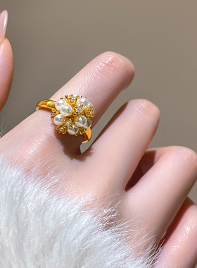 秋冬金色绣球珍珠锆石开口戒指女小众设计食指环轻奢高级感手饰品