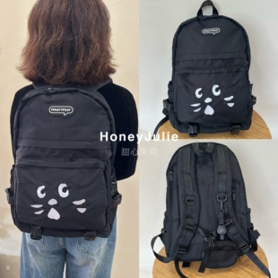 日系卡通可爱刺绣惊讶猫双肩包二件套学生书包登山旅行背包潮