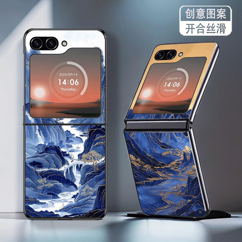 适用三星ZFlip5手机壳W24Flip折叠新款防摔保护套galaxy蓝色山水风景画个性小创意简约高级感轻奢硬壳男女潮
