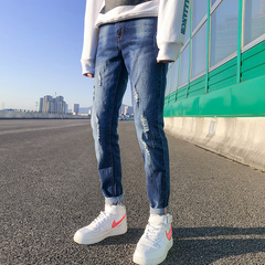 New jeans men's Korean fashion Slim small feet versatile hole casual pants
