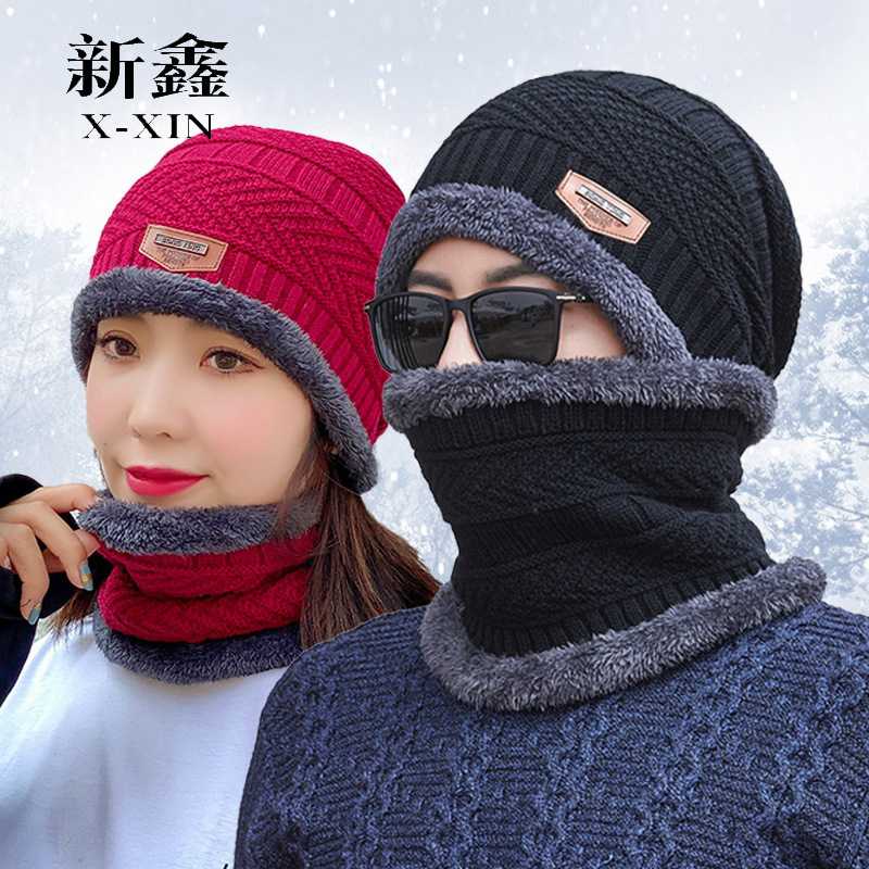 冬季加绒针织帽围脖一体加厚保暖