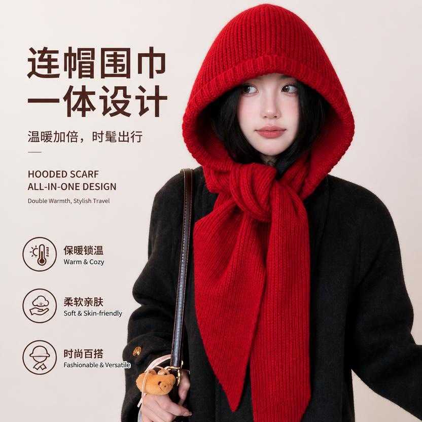 秋冬阿尔法一体帽女粗针织连体显