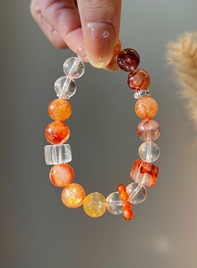 天然红胶花白水晶手链女款招财