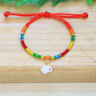 新款 五月节仿白玉兔五彩绳手链 端午节饰品本命年金刚结红绳手链