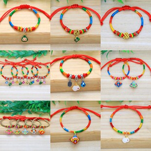 蛇年民族风滴油绿粽兔子银锁红绳手链 端午节礼品粽子五彩绳手链