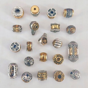 藏式古金古银拼接祥云回纹桶珠腰珠隔珠鼓珠转金轮三通珠合金配件