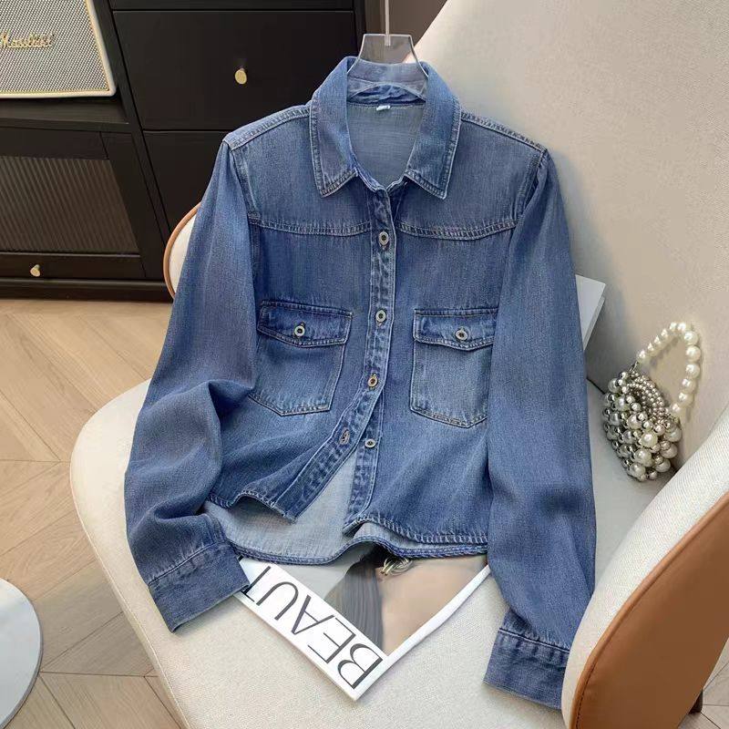 小个子短款牛仔外套女春秋新款显瘦双口袋天丝衬衫薄款夹克小褂子