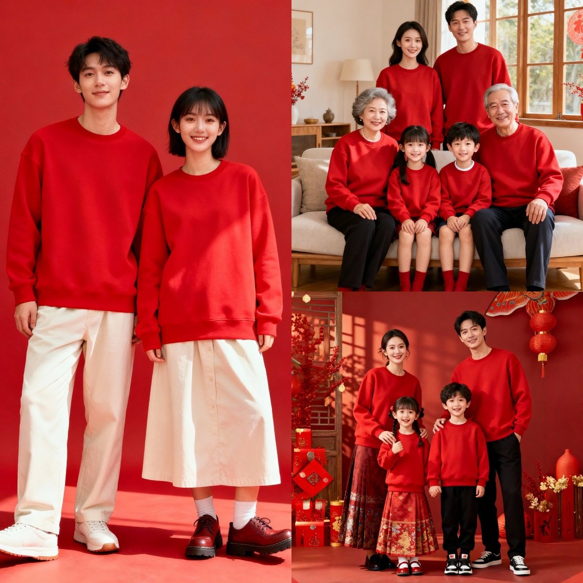 纯色亲子装净版卫衣重磅男女同款宽松休闲上衣秋冬不加绒红色