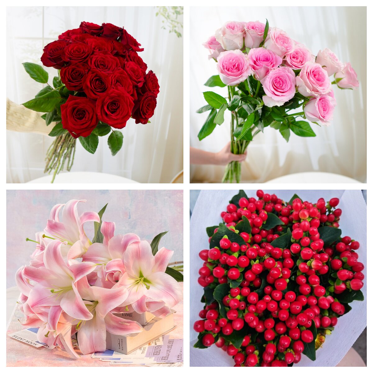 红玫瑰10枝+粉色百合10朵+洛神玫瑰10枝+黄莺5枝+红豆5枝+保鲜剂