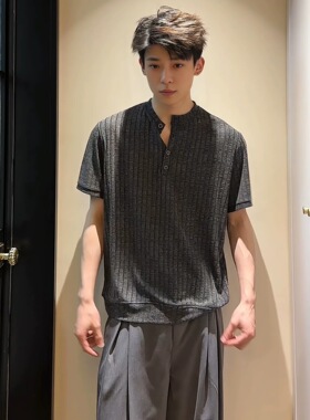 深灰色麻感亨利领t恤男夏季松弛感老钱风短袖polo衫美式正肩半袖