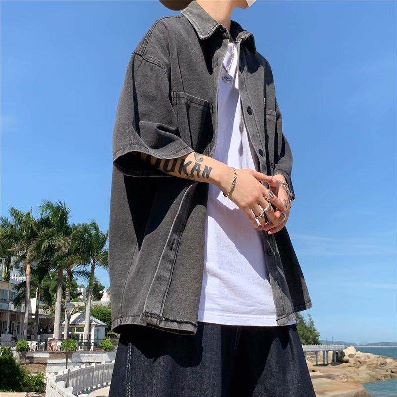 痞帅衬衫男短袖夏季港风日系牛仔衬衣休闲潮流薄款七分袖工装上衣