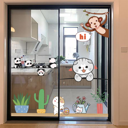 卡通熊猫阳台玻璃防撞厨房客厅窗花贴推拉门装饰玻璃无胶静电贴纸